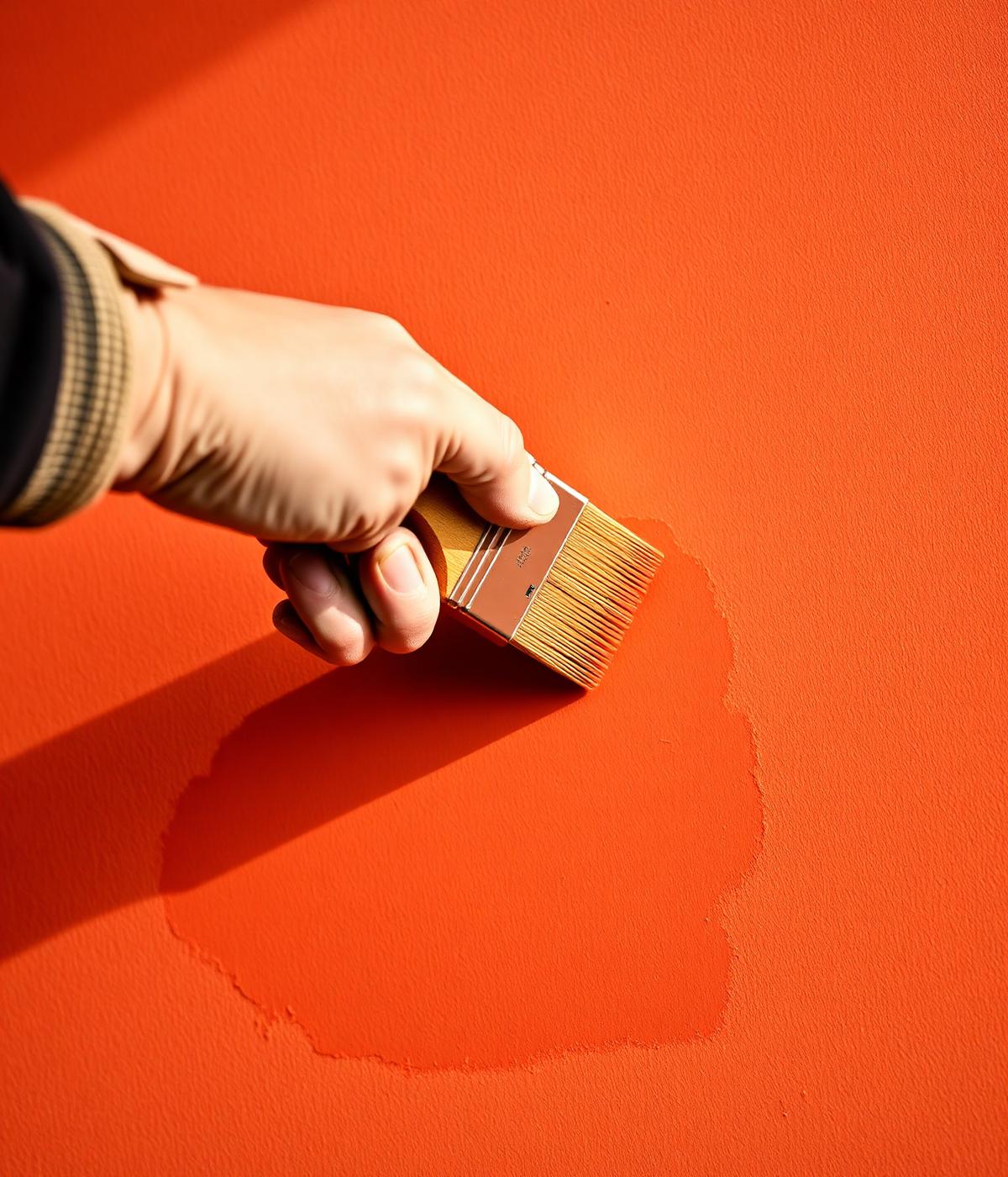 Detailaufnahme von hochwertiger Malerarbeit – Pinsel auf warmer Wandfarbe